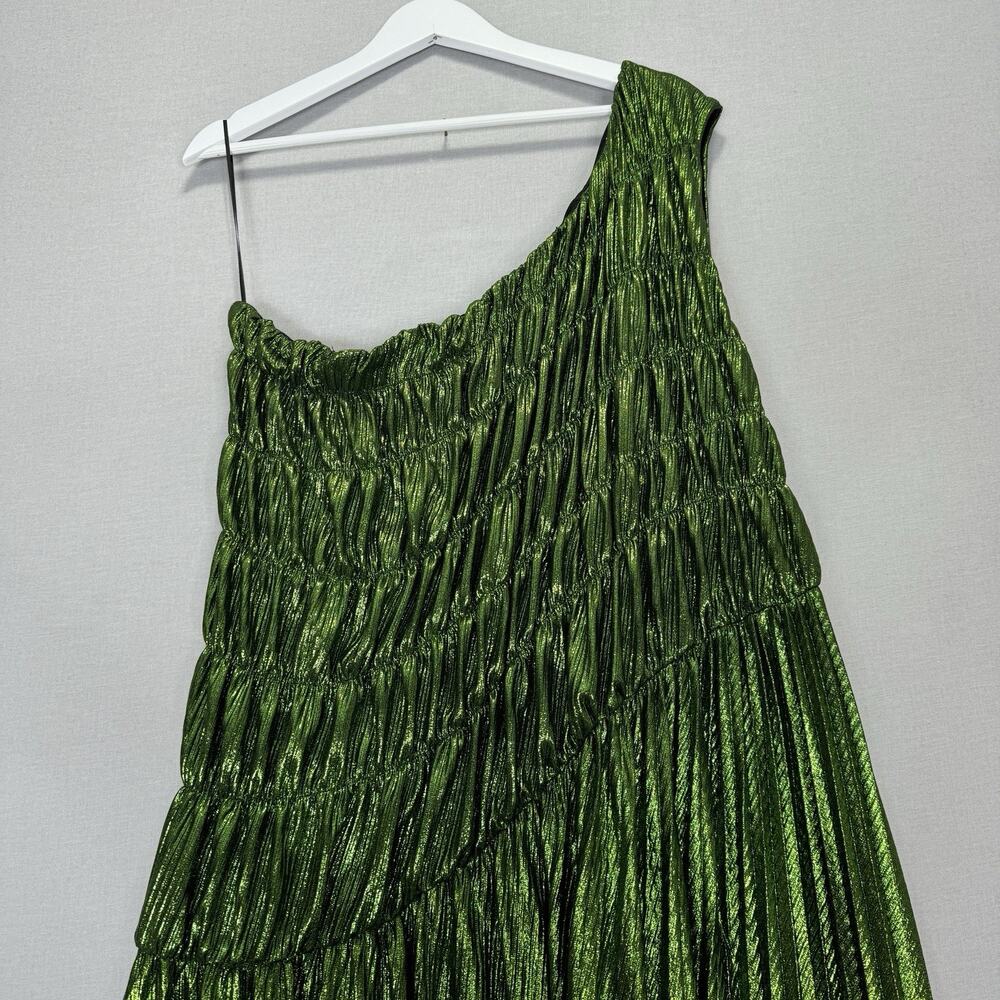 Akira Stay Radiant Metallic Maxi Womens 2X Green One Shoulder Pleated Gown Prom - Picture 4 of 14